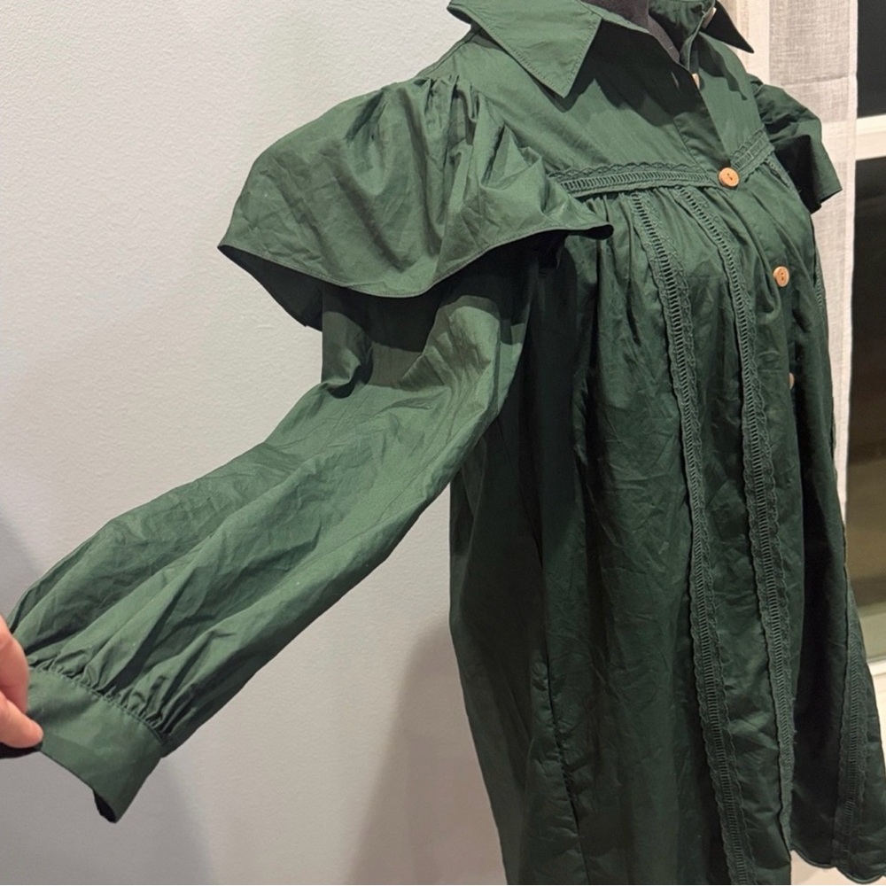 FARM Rio Deep Green Long Puffer Sleeve Wood Button Down Flowy Embroidered Dress - Picture 5 of 12